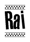 The image contains the text Rai in a bold, stylized font, with a checkered flag pattern bordering the top and bottom of the text.