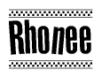 The clipart image displays the text Rhonee in a bold, stylized font. It is enclosed in a rectangular border with a checkerboard pattern running below and above the text, similar to a finish line in racing. 