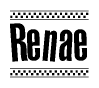 The image contains the text Renae in a bold, stylized font, with a checkered flag pattern bordering the top and bottom of the text.