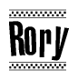 The image is a black and white clipart of the text Rory in a bold, italicized font. The text is bordered by a dotted line on the top and bottom, and there are checkered flags positioned at both ends of the text, usually associated with racing or finishing lines.