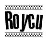 The image contains the text Roycu in a bold, stylized font, with a checkered flag pattern bordering the top and bottom of the text.