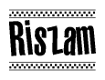 The image is a black and white clipart of the text Riszam in a bold, italicized font. The text is bordered by a dotted line on the top and bottom, and there are checkered flags positioned at both ends of the text, usually associated with racing or finishing lines.