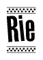 The image contains the text Rie in a bold, stylized font, with a checkered flag pattern bordering the top and bottom of the text.