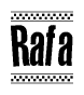 The image is a black and white clipart of the text Rafa in a bold, italicized font. The text is bordered by a dotted line on the top and bottom, and there are checkered flags positioned at both ends of the text, usually associated with racing or finishing lines.