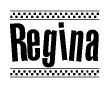 The clipart image displays the text Regina in a bold, stylized font. It is enclosed in a rectangular border with a checkerboard pattern running below and above the text, similar to a finish line in racing. 