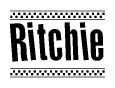 The image is a black and white clipart of the text Ritchie in a bold, italicized font. The text is bordered by a dotted line on the top and bottom, and there are checkered flags positioned at both ends of the text, usually associated with racing or finishing lines.