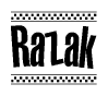 The image contains the text Razak in a bold, stylized font, with a checkered flag pattern bordering the top and bottom of the text.