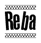 The image contains the text Reba in a bold, stylized font, with a checkered flag pattern bordering the top and bottom of the text.