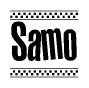 The clipart image displays the text Samo in a bold, stylized font. It is enclosed in a rectangular border with a checkerboard pattern running below and above the text, similar to a finish line in racing. 