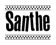 The image contains the text Santhe in a bold, stylized font, with a checkered flag pattern bordering the top and bottom of the text.