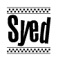 The image contains the text Syed in a bold, stylized font, with a checkered flag pattern bordering the top and bottom of the text.
