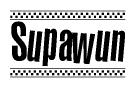 The clipart image displays the text Supawun in a bold, stylized font. It is enclosed in a rectangular border with a checkerboard pattern running below and above the text, similar to a finish line in racing. 