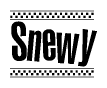 The image contains the text Snewy in a bold, stylized font, with a checkered flag pattern bordering the top and bottom of the text.