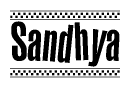 The image is a black and white clipart of the text Sandhya in a bold, italicized font. The text is bordered by a dotted line on the top and bottom, and there are checkered flags positioned at both ends of the text, usually associated with racing or finishing lines.