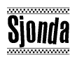 The image is a black and white clipart of the text Sjonda in a bold, italicized font. The text is bordered by a dotted line on the top and bottom, and there are checkered flags positioned at both ends of the text, usually associated with racing or finishing lines.