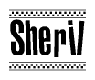 The image contains the text Sheril in a bold, stylized font, with a checkered flag pattern bordering the top and bottom of the text.