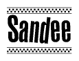 The clipart image displays the text Sandee in a bold, stylized font. It is enclosed in a rectangular border with a checkerboard pattern running below and above the text, similar to a finish line in racing. 