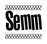 The image is a black and white clipart of the text Semm in a bold, italicized font. The text is bordered by a dotted line on the top and bottom, and there are checkered flags positioned at both ends of the text, usually associated with racing or finishing lines.