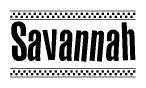 The clipart image displays the text Savannah in a bold, stylized font. It is enclosed in a rectangular border with a checkerboard pattern running below and above the text, similar to a finish line in racing. 