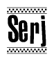 The clipart image displays the text Serj in a bold, stylized font. It is enclosed in a rectangular border with a checkerboard pattern running below and above the text, similar to a finish line in racing. 