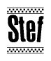 The image contains the text Stef in a bold, stylized font, with a checkered flag pattern bordering the top and bottom of the text.