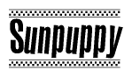 The clipart image displays the text Sunpuppy in a bold, stylized font. It is enclosed in a rectangular border with a checkerboard pattern running below and above the text, similar to a finish line in racing. 