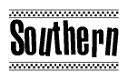 The image contains the text Southern in a bold, stylized font, with a checkered flag pattern bordering the top and bottom of the text.