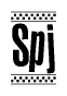 The image is a black and white clipart of the text Spj in a bold, italicized font. The text is bordered by a dotted line on the top and bottom, and there are checkered flags positioned at both ends of the text, usually associated with racing or finishing lines.