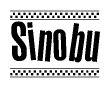 The image contains the text Sinobu in a bold, stylized font, with a checkered flag pattern bordering the top and bottom of the text.