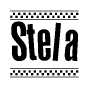 The image contains the text Stela in a bold, stylized font, with a checkered flag pattern bordering the top and bottom of the text.