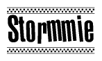 The image contains the text Stormmie in a bold, stylized font, with a checkered flag pattern bordering the top and bottom of the text.