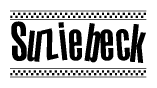 The image is a black and white clipart of the text Suziebeck in a bold, italicized font. The text is bordered by a dotted line on the top and bottom, and there are checkered flags positioned at both ends of the text, usually associated with racing or finishing lines.