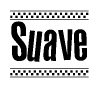 The image contains the text Suave in a bold, stylized font, with a checkered flag pattern bordering the top and bottom of the text.