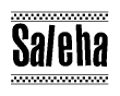 The image contains the text Saleha in a bold, stylized font, with a checkered flag pattern bordering the top and bottom of the text.