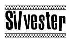 The clipart image displays the text Silvester in a bold, stylized font. It is enclosed in a rectangular border with a checkerboard pattern running below and above the text, similar to a finish line in racing. 