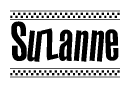 The clipart image displays the text Suzanne in a bold, stylized font. It is enclosed in a rectangular border with a checkerboard pattern running below and above the text, similar to a finish line in racing. 