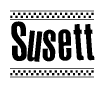 The image contains the text Susett in a bold, stylized font, with a checkered flag pattern bordering the top and bottom of the text.
