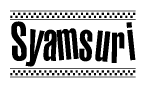 The image contains the text Syamsuri in a bold, stylized font, with a checkered flag pattern bordering the top and bottom of the text.
