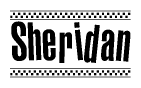 The image is a black and white clipart of the text Sheridan in a bold, italicized font. The text is bordered by a dotted line on the top and bottom, and there are checkered flags positioned at both ends of the text, usually associated with racing or finishing lines.