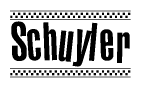 The image is a black and white clipart of the text Schuyler in a bold, italicized font. The text is bordered by a dotted line on the top and bottom, and there are checkered flags positioned at both ends of the text, usually associated with racing or finishing lines.