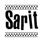 The image contains the text Sarit in a bold, stylized font, with a checkered flag pattern bordering the top and bottom of the text.