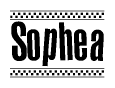 The image is a black and white clipart of the text Sophea in a bold, italicized font. The text is bordered by a dotted line on the top and bottom, and there are checkered flags positioned at both ends of the text, usually associated with racing or finishing lines.