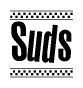 The image contains the text Suds in a bold, stylized font, with a checkered flag pattern bordering the top and bottom of the text.