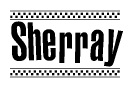 The image contains the text Sherray in a bold, stylized font, with a checkered flag pattern bordering the top and bottom of the text.