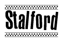 The image is a black and white clipart of the text Stalford in a bold, italicized font. The text is bordered by a dotted line on the top and bottom, and there are checkered flags positioned at both ends of the text, usually associated with racing or finishing lines.
