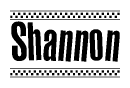 The image contains the text Shannon in a bold, stylized font, with a checkered flag pattern bordering the top and bottom of the text.