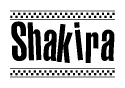 The clipart image displays the text Shakira in a bold, stylized font. It is enclosed in a rectangular border with a checkerboard pattern running below and above the text, similar to a finish line in racing. 