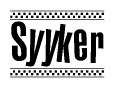 The image is a black and white clipart of the text Syyker in a bold, italicized font. The text is bordered by a dotted line on the top and bottom, and there are checkered flags positioned at both ends of the text, usually associated with racing or finishing lines.