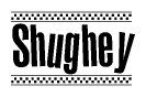 The image is a black and white clipart of the text Shughey in a bold, italicized font. The text is bordered by a dotted line on the top and bottom, and there are checkered flags positioned at both ends of the text, usually associated with racing or finishing lines.