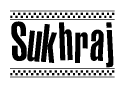 The image is a black and white clipart of the text Sukhraj in a bold, italicized font. The text is bordered by a dotted line on the top and bottom, and there are checkered flags positioned at both ends of the text, usually associated with racing or finishing lines.
